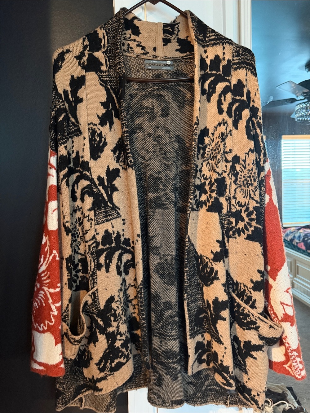 Anthropologie Floral Jacquard Open-Front Cardigan - Tan/Black with Red Sleeves